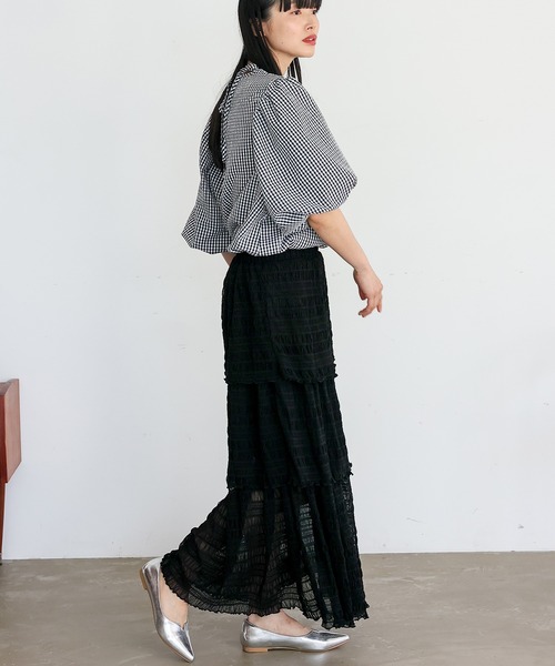 No Rule No Line（ノール－ルノーライン）の「シアーチュールティアードスカート ロングスカート マキシスカート シアースカート フリルスカート（スカート・レディース・アイボリー/ブラック・FREE）」の9枚目の写真