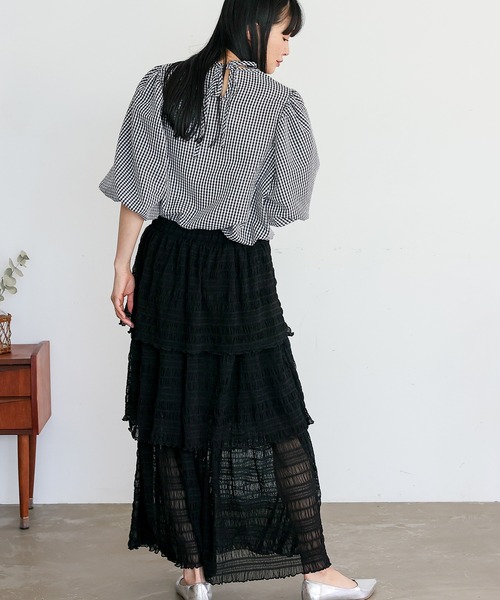 No Rule No Line（ノール－ルノーライン）の「シアーチュールティアードスカート ロングスカート マキシスカート シアースカート フリルスカート（スカート・レディース・アイボリー/ブラック・FREE）」の11枚目の写真