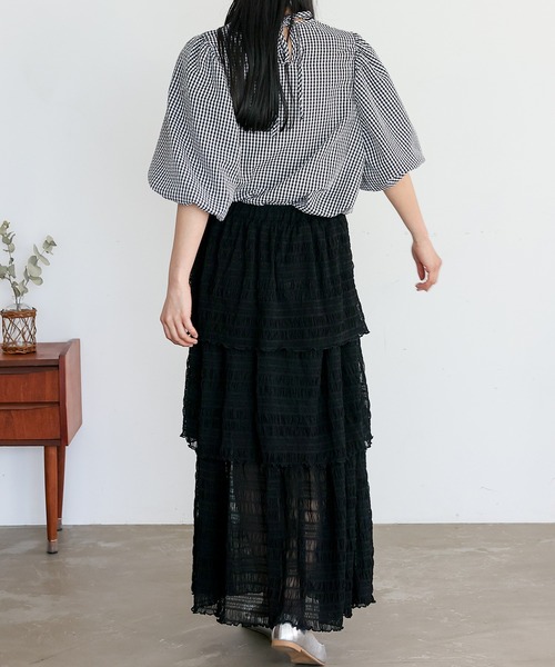 No Rule No Line（ノール－ルノーライン）の「シアーチュールティアードスカート ロングスカート マキシスカート シアースカート フリルスカート（スカート・レディース・アイボリー/ブラック・FREE）」の12枚目の写真