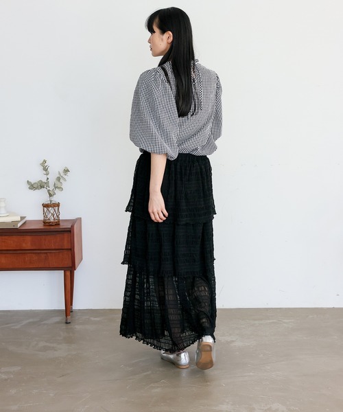 No Rule No Line（ノール－ルノーライン）の「シアーチュールティアードスカート ロングスカート マキシスカート シアースカート フリルスカート（スカート・レディース・アイボリー/ブラック・FREE）」の13枚目の写真