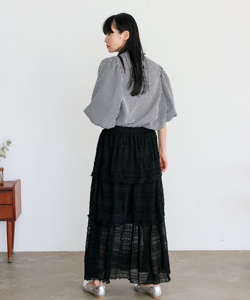 No Rule No Line（ノール－ルノーライン）の「シアーチュールティアードスカート ロングスカート マキシスカート シアースカート フリルスカート（スカート・レディース・アイボリー/ブラック・FREE）」の14枚目の写真