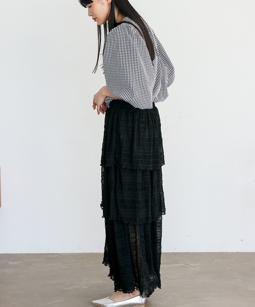 No Rule No Line（ノール－ルノーライン）の「シアーチュールティアードスカート ロングスカート マキシスカート シアースカート フリルスカート（スカート・レディース・アイボリー/ブラック・FREE）」の16枚目の写真