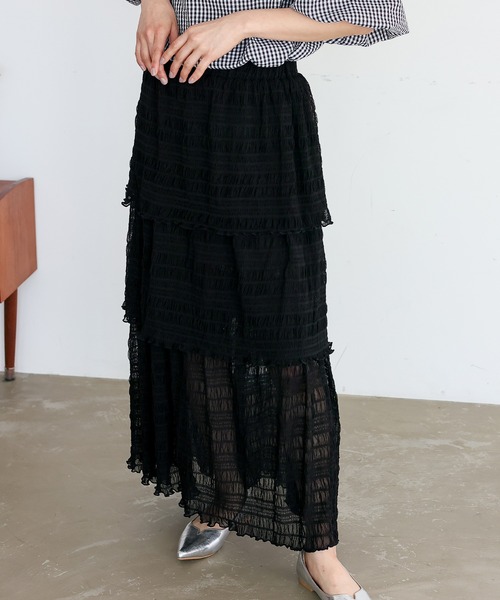 No Rule No Line（ノール－ルノーライン）の「シアーチュールティアードスカート ロングスカート マキシスカート シアースカート フリルスカート（スカート・レディース・アイボリー/ブラック・FREE）」の19枚目の写真