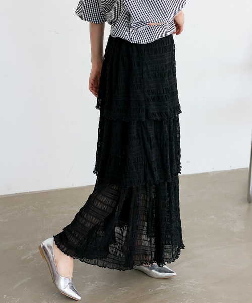No Rule No Line（ノール－ルノーライン）の「シアーチュールティアードスカート ロングスカート マキシスカート シアースカート フリルスカート（スカート・レディース・アイボリー/ブラック・FREE）」の20枚目の写真