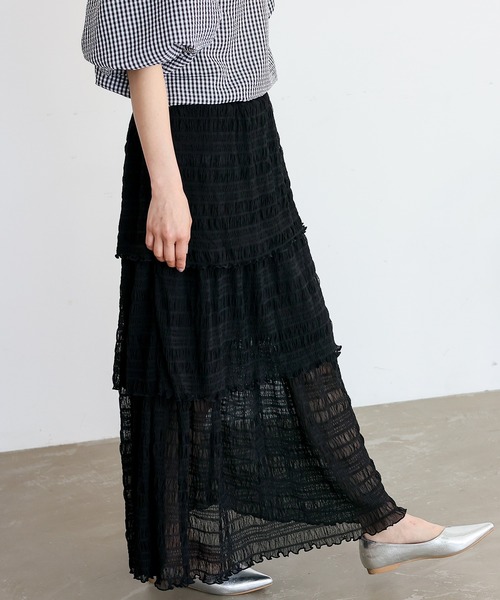 No Rule No Line（ノール－ルノーライン）の「シアーチュールティアードスカート ロングスカート マキシスカート シアースカート フリルスカート（スカート・レディース・アイボリー/ブラック・FREE）」の21枚目の写真