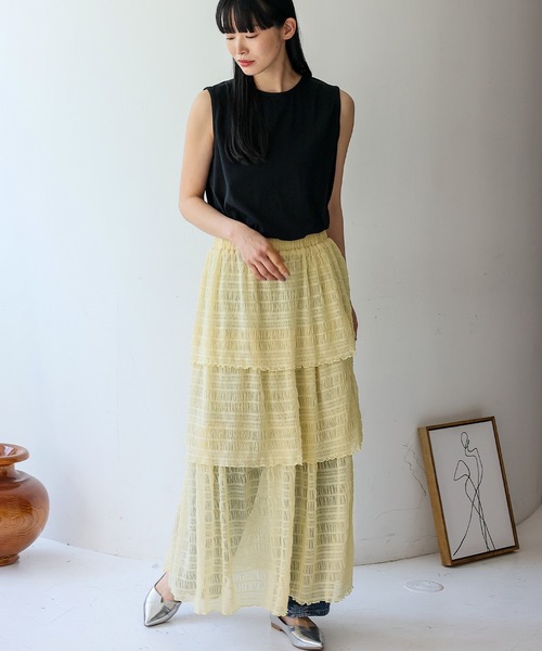 No Rule No Line（ノール－ルノーライン）の「シアーチュールティアードスカート ロングスカート マキシスカート シアースカート フリルスカート（スカート・レディース・アイボリー/ブラック・FREE）」の5枚目の写真