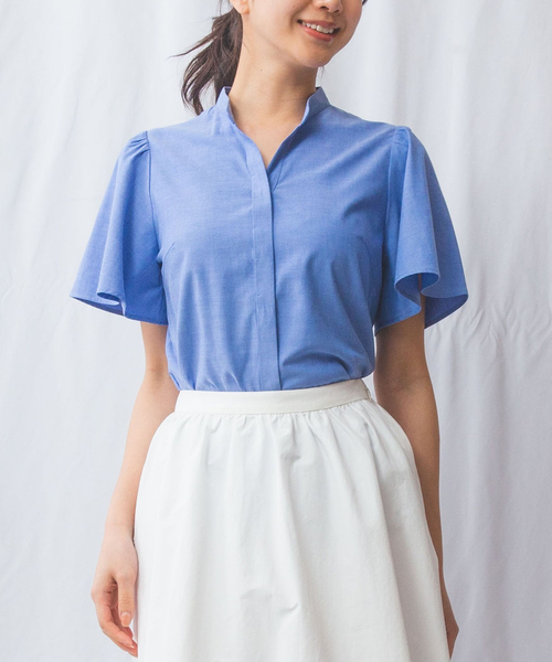 NARACAMICIE（ナラカミーチェ）の「【NARACAMICIE】オックスフォードスタンドバンドカラー半袖ブラウス（シャツ/ブラウス・レディース・ホワイト/ブルー/レッド・L/M/XL）」の12枚目の写真