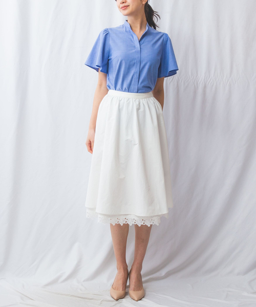 NARACAMICIE（ナラカミーチェ）の「【NARACAMICIE】オックスフォードスタンドバンドカラー半袖ブラウス（シャツ/ブラウス・レディース・ホワイト/ブルー/レッド・L/M/XL）」の16枚目の写真