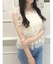 【SNSで話題！大人の上品可愛い】チュールフリル使いノースリーブトップス