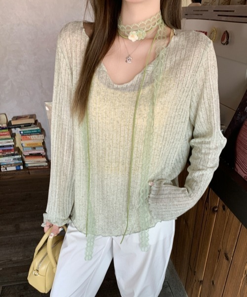 gossip!ロサンゼルス(ゴシップロサンゼルス)の「Y2Kガーリー*シアー長袖カーデ風Tシャツ(Tシャツ/カットソー・レディース・オフホワイト/グレー/ブルー/ライトグリーン・FREE)」の1枚目の写真