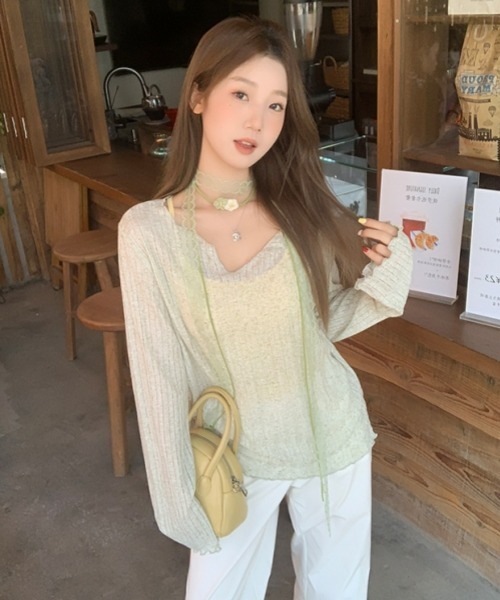 gossip!ロサンゼルス(ゴシップロサンゼルス)の「Y2Kガーリー*シアー長袖カーデ風Tシャツ(Tシャツ/カットソー・レディース・オフホワイト/グレー/ブルー/ライトグリーン・FREE)」の6枚目の写真