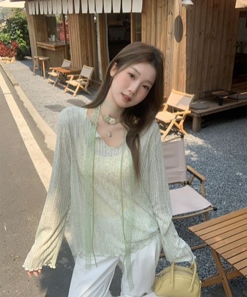 gossip!ロサンゼルス(ゴシップロサンゼルス)の「Y2Kガーリー*シアー長袖カーデ風Tシャツ(Tシャツ/カットソー・レディース・オフホワイト/グレー/ブルー/ライトグリーン・FREE)」の8枚目の写真