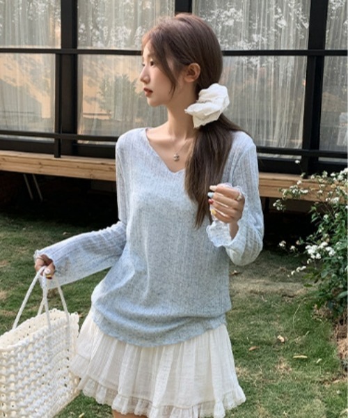 gossip!ロサンゼルス(ゴシップロサンゼルス)の「Y2Kガーリー*シアー長袖カーデ風Tシャツ(Tシャツ/カットソー・レディース・オフホワイト/グレー/ブルー/ライトグリーン・FREE)」の17枚目の写真