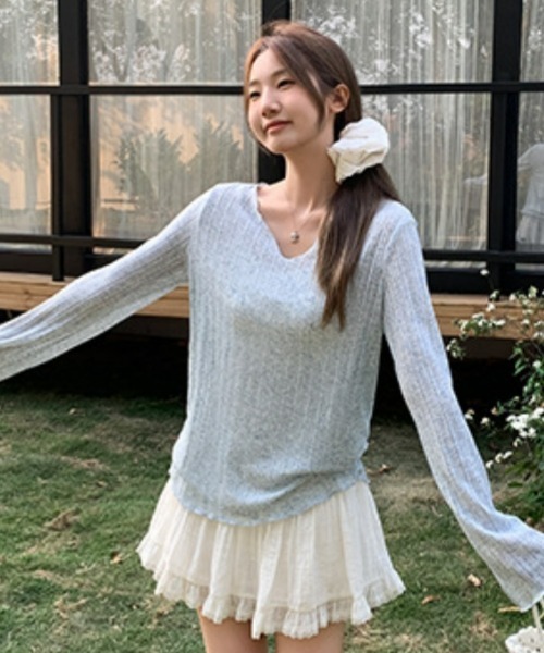 gossip!ロサンゼルス(ゴシップロサンゼルス)の「Y2Kガーリー*シアー長袖カーデ風Tシャツ(Tシャツ/カットソー・レディース・オフホワイト/グレー/ブルー/ライトグリーン・FREE)」の20枚目の写真
