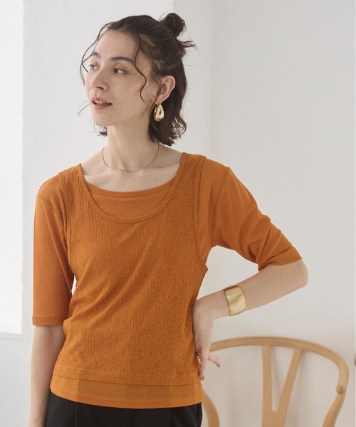 CL 売れ筋商品|||シーエル Tシャツ トップス レディース Tops Orange セール】シアー スラブ レイヤード Tシャツ（Tシャツ/カットソー