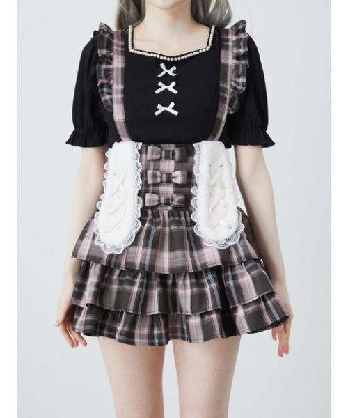 Ank Rouge(アンクルージュ)の「うさちゃんサス付きティアードスカパン(スカート・レディース・A/ピンク/ブラック・M)」の7枚目の写真