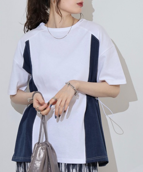 Arinomama(アリノママ)の「デニム風切替ギャザーT(Tシャツ/カットソー・レディース・ブラック/スミクロ/オフホワイト/グレイッシュベージュ・FREE)」の1枚目の写真