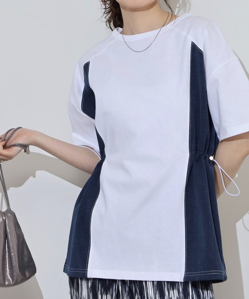 Arinomama(アリノママ)の「デニム風切替ギャザーT(Tシャツ/カットソー・レディース・ブラック/スミクロ/オフホワイト/グレイッシュベージュ・FREE)」の6枚目の写真