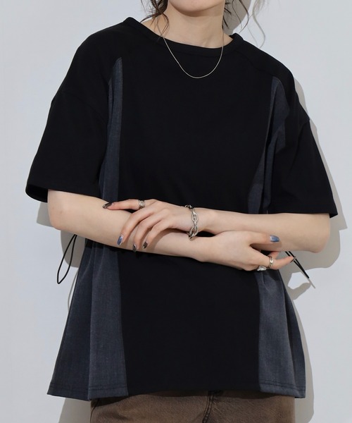 Arinomama(アリノママ)の「デニム風切替ギャザーT(Tシャツ/カットソー・レディース・ブラック/スミクロ/オフホワイト/グレイッシュベージュ・FREE)」の5枚目の写真