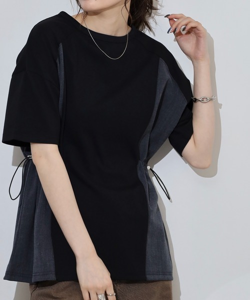 Arinomama(アリノママ)の「デニム風切替ギャザーT(Tシャツ/カットソー・レディース・ブラック/スミクロ/オフホワイト/グレイッシュベージュ・FREE)」の8枚目の写真
