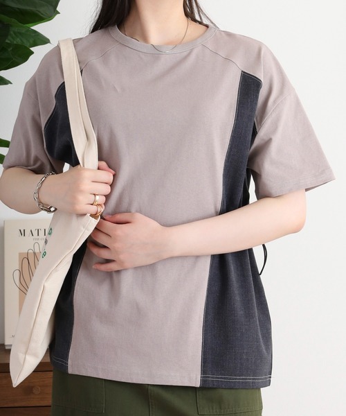 Arinomama(アリノママ)の「デニム風切替ギャザーT(Tシャツ/カットソー・レディース・ブラック/スミクロ/オフホワイト/グレイッシュベージュ・FREE)」の18枚目の写真