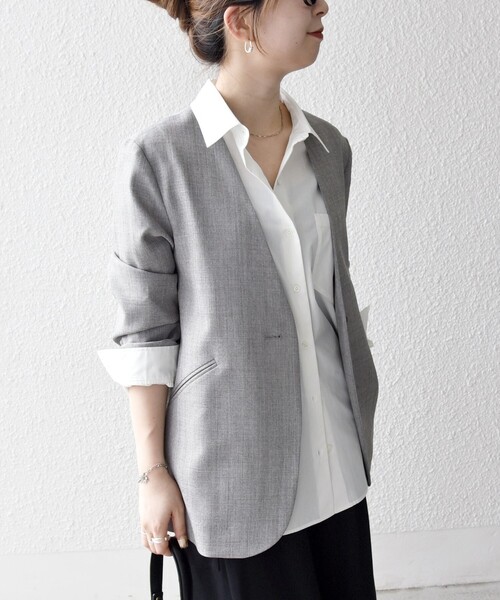 SHIPS any:〈洗濯機可能〉ウーステッド Vネック ノーカラー ジャケット