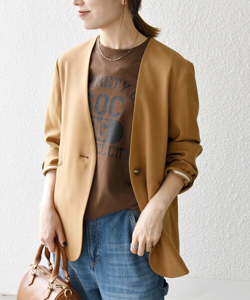 SHIPS any(シップス エニィ)の「SHIPS any:〈洗濯機可能〉ウーステッド Vネック ノーカラー ジャケット(ノーカラージャケット・レディース・グレー/キャメル・ONE SIZE)」の15枚目の写真