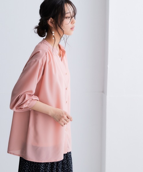SMILE LAND（スマイルランド）の「＜大きいサイズ＞ シアーバンドカラーゆるシャツ（吸汗速乾・防しわ）（シャツ/ブラウス・レディース・グリーン/ピンク/ブラウン系/ベージュ系・5L～6L/3L～4L/L～LL）」の17枚目の写真