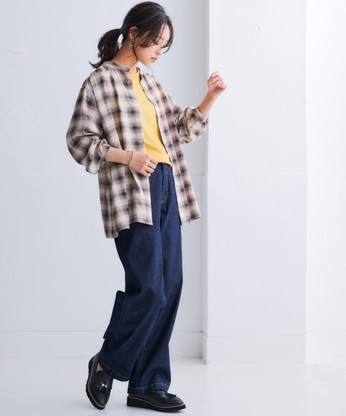 SMILE LAND（スマイルランド）の「＜大きいサイズ＞ シアーバンドカラーゆるシャツ（吸汗速乾・防しわ）（シャツ/ブラウス・レディース・グリーン/ピンク/ブラウン系/ベージュ系・5L～6L/3L～4L/L～LL）」の12枚目の写真