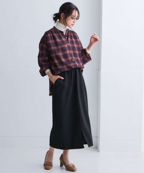 SMILE LAND（スマイルランド）の「＜大きいサイズ＞ シアーバンドカラーゆるシャツ（吸汗速乾・防しわ）（シャツ/ブラウス・レディース・グリーン/ピンク/ブラウン系/ベージュ系・5L～6L/3L～4L/L～LL）」の8枚目の写真