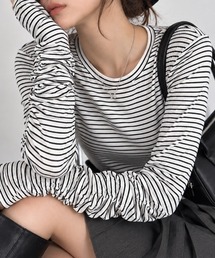 【くしゅ袖で差をつける。大人のこなれリブトップス】テレコ長袖シャーリングトップス 秋服
