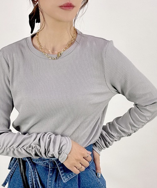 CLOTHY(クロシィ)の「【くしゅ袖で差をつける。大人のこなれリブトップス】リブテレコ 長袖 シャーリング トップス 秋服(Tシャツ/カットソー・レディース・その他/ブラック/グレー/ネイビー/レッド/オフホワイト/ブラウン・MEDIUM/LARGE)」の17枚目の写真