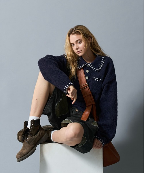 Stiched Knit Polo Top - ステッチニットポロトップス -（ニット