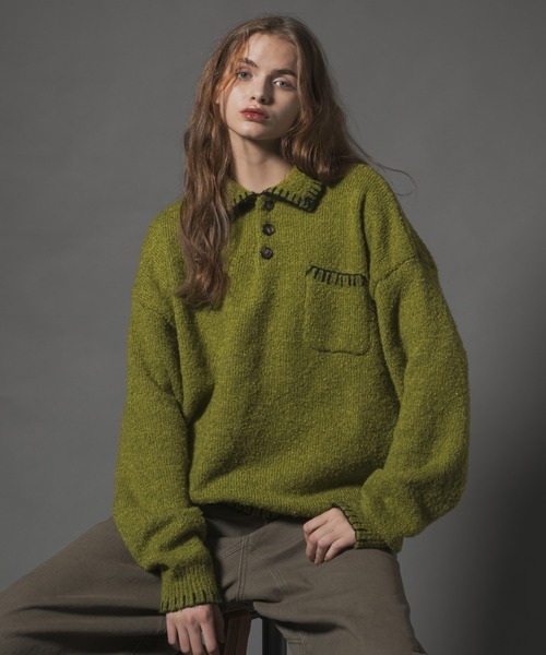 Stiched Knit Polo Top - ステッチニットポロトップス -（ニット