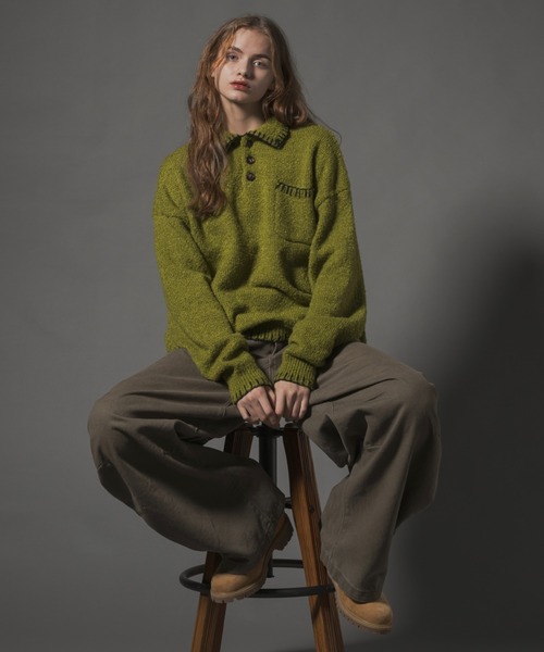 Stiched Knit Polo Top - ステッチニットポロトップス -（ニット