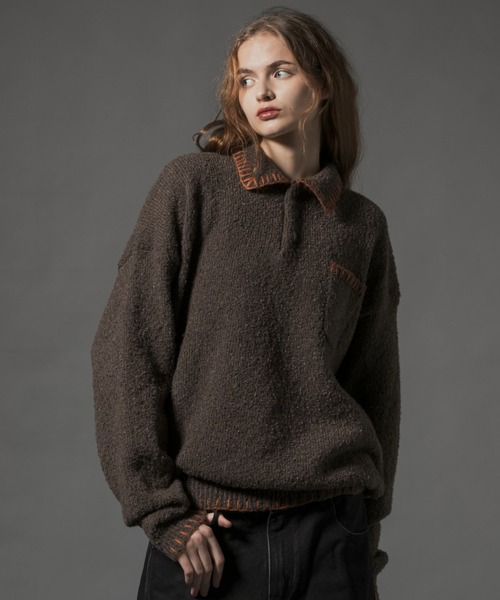 Stiched Knit Polo Top - ステッチニットポロトップス -（ニット