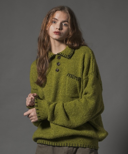 Stiched Knit Polo Top - ステッチニットポロトップス -（ニット