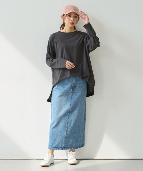 Honeys(ハニーズ)の「チュニックTシャツ(Tシャツ/カットソー・レディース・グレイッシュベージュ/ブラウン/ネイビー/スミクロ・F)」の6枚目の写真