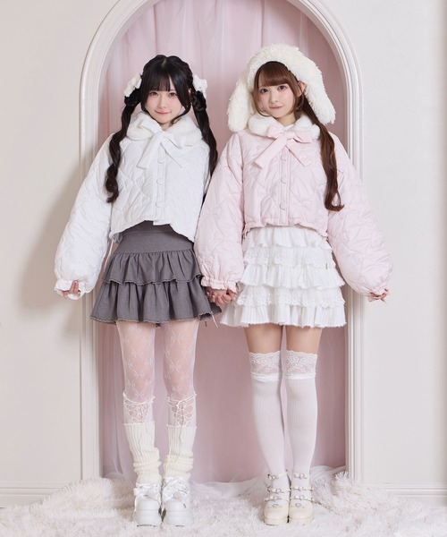 Honey Cinnamon(ハニーシナモン)の「リボンキルティングショート中綿ジャケット(ダウンジャケット/コート・レディース・ピンク/ホワイト・FREE)」の3枚目の写真