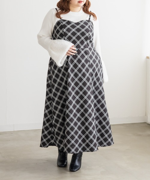 CLETTE(クレット)の「CLETTEオリジナルチェック柄キャミワンピース(ワンピース・レディース・ベージュ/アイボリー/ブラック・LL/3L/4L)」の1枚目の写真