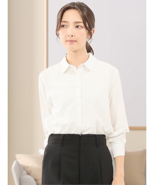 m.f.editorial（エムエフエディトリアル）の「【ウォッシャブル】レーヨン混 レギュラーカラー 比翼長袖ブラウス（シャツ/ブラウス・レディース・ダークウッド/ネイビー/ホワイト/サックスブルー・LARGE/S/X-LARGE/MEDIUM）」の2枚目の写真