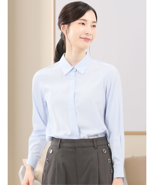 m.f.editorial（エムエフエディトリアル）の「【ウォッシャブル】レーヨン混 レギュラーカラー 比翼長袖ブラウス（シャツ/ブラウス・レディース・ダークウッド/ネイビー/ホワイト/サックスブルー・LARGE/S/X-LARGE/MEDIUM）」の4枚目の写真