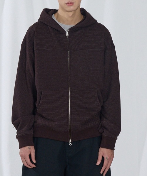 SLOWACID（スローアシッド）の「【UNISEX】SLOW ACID／ボーダーミックスフードジップアップ（パーカー・レディース・ネイビー/ブラウン・SMALL/MEDIUM）」の2枚目の写真