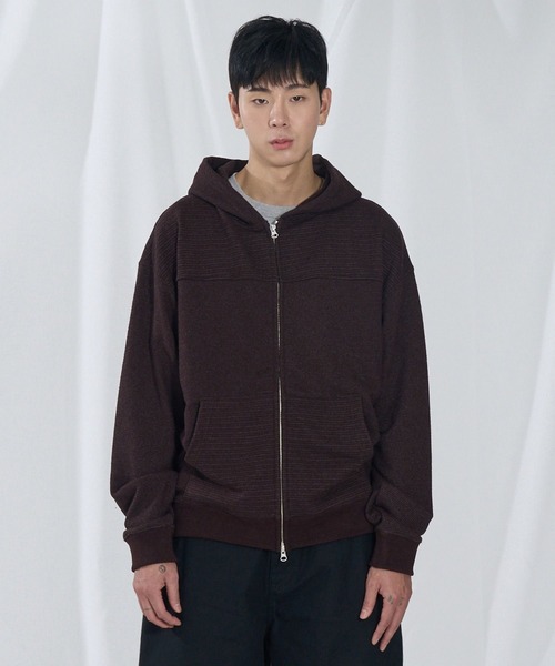 SLOWACID（スローアシッド）の「【UNISEX】SLOW ACID／ボーダーミックスフードジップアップ（パーカー・レディース・ネイビー/ブラウン・SMALL/MEDIUM）」の5枚目の写真