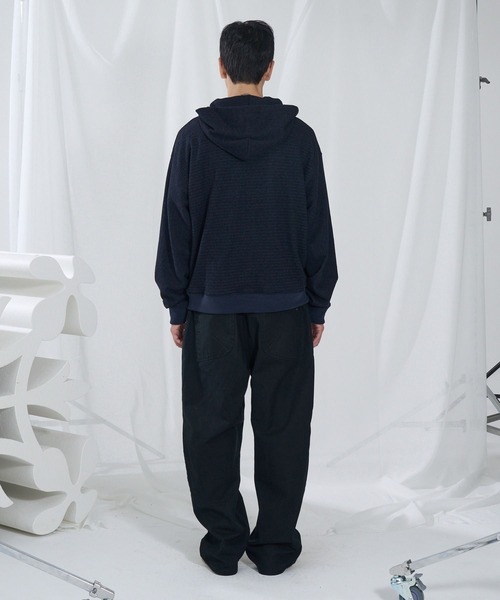 SLOWACID（スローアシッド）の「【UNISEX】SLOW ACID／ボーダーミックスフードジップアップ（パーカー・レディース・ネイビー/ブラウン・SMALL/MEDIUM）」の7枚目の写真