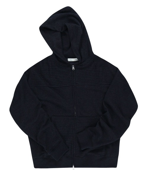 SLOWACID（スローアシッド）の「【UNISEX】SLOW ACID／ボーダーミックスフードジップアップ（パーカー・レディース・ネイビー/ブラウン・SMALL/MEDIUM）」の8枚目の写真