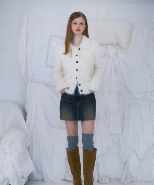 セール】Fur Collar Button Cardigan [Ivory]（カーディガン/ボレロ