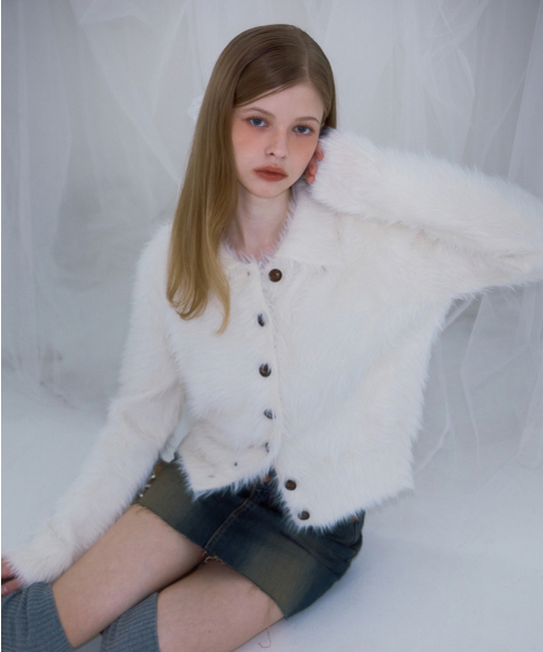 セール】Fur Collar Button Cardigan [Ivory]（カーディガン/ボレロ