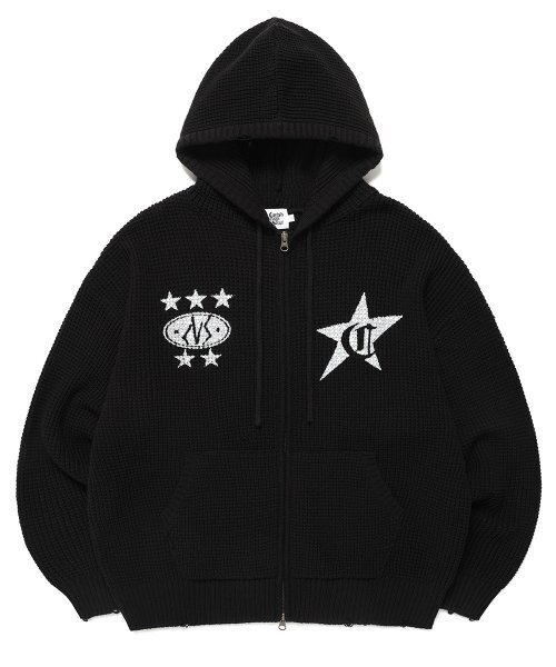DAMAGED KNIT ZIP UP HOODIE BLACK(CV2DFUK681A)