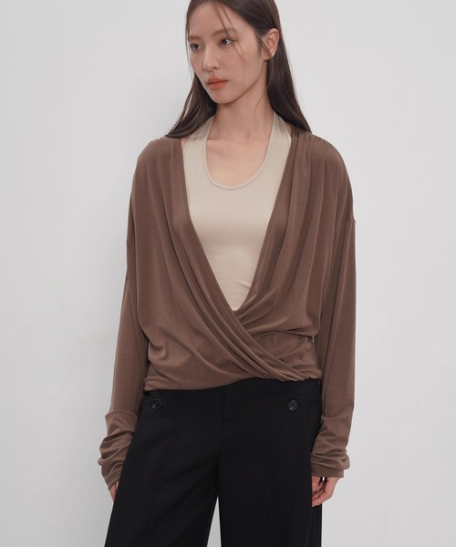 EIGHTHMONTH(エイスマンス)の「クロスドレープレイヤードトップス EM25a150【EIGHTHMONTH】(Tシャツ/カットソー・レディース・ブラウン/グレー・M/S)」の3枚目の写真